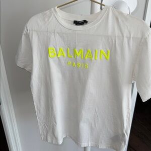 Balmain White T-Shirt with Neon Yellow Logo